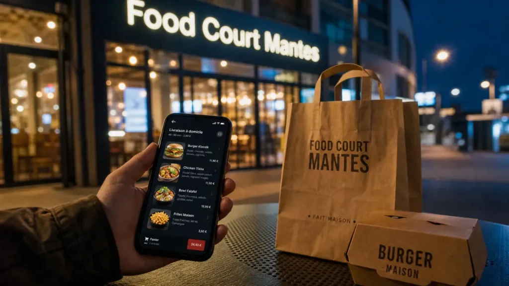Food court mantes : menu de livraison sur téléphone et sac repas