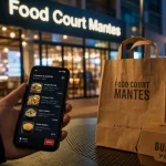 Food court mantes : menu de livraison sur téléphone et sac repas