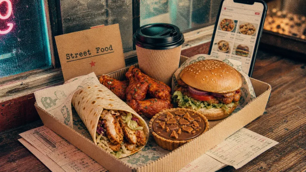 Street food combs la ville : tacos halal et burgers sur table