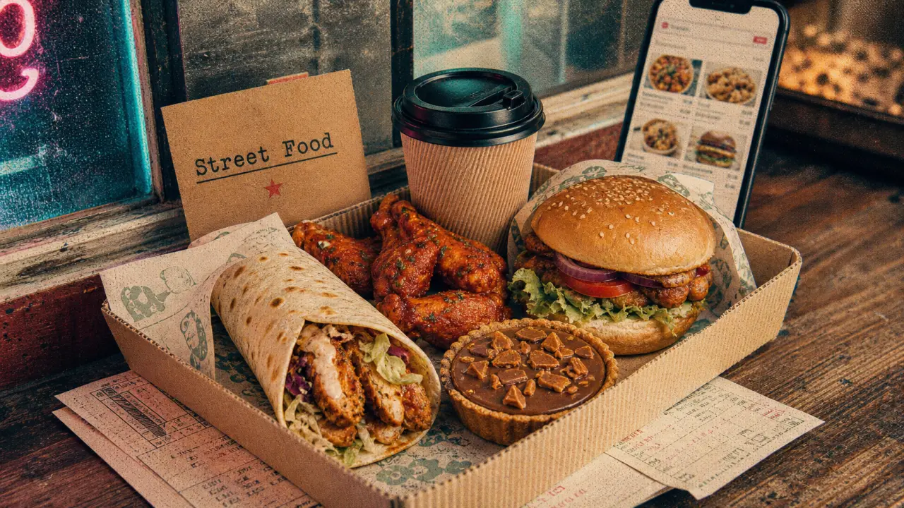 Street food combs la ville : tacos halal et burgers sur table