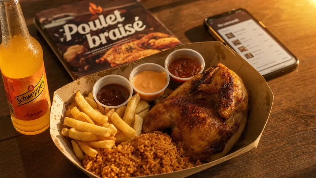 Taj poulet braisé : demi-poulet braisé doré, frites, riz et sauces