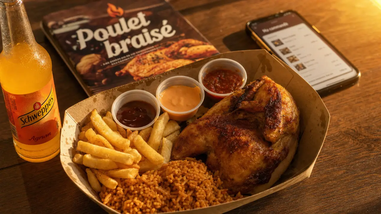 Taj poulet braisé : demi-poulet braisé doré, frites, riz et sauces