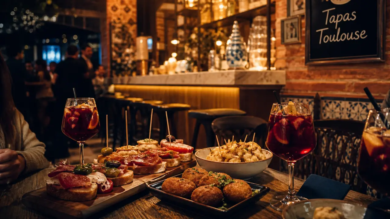 Bar à tapas à Toulouse : table avec montaditos, croquetas et sangria