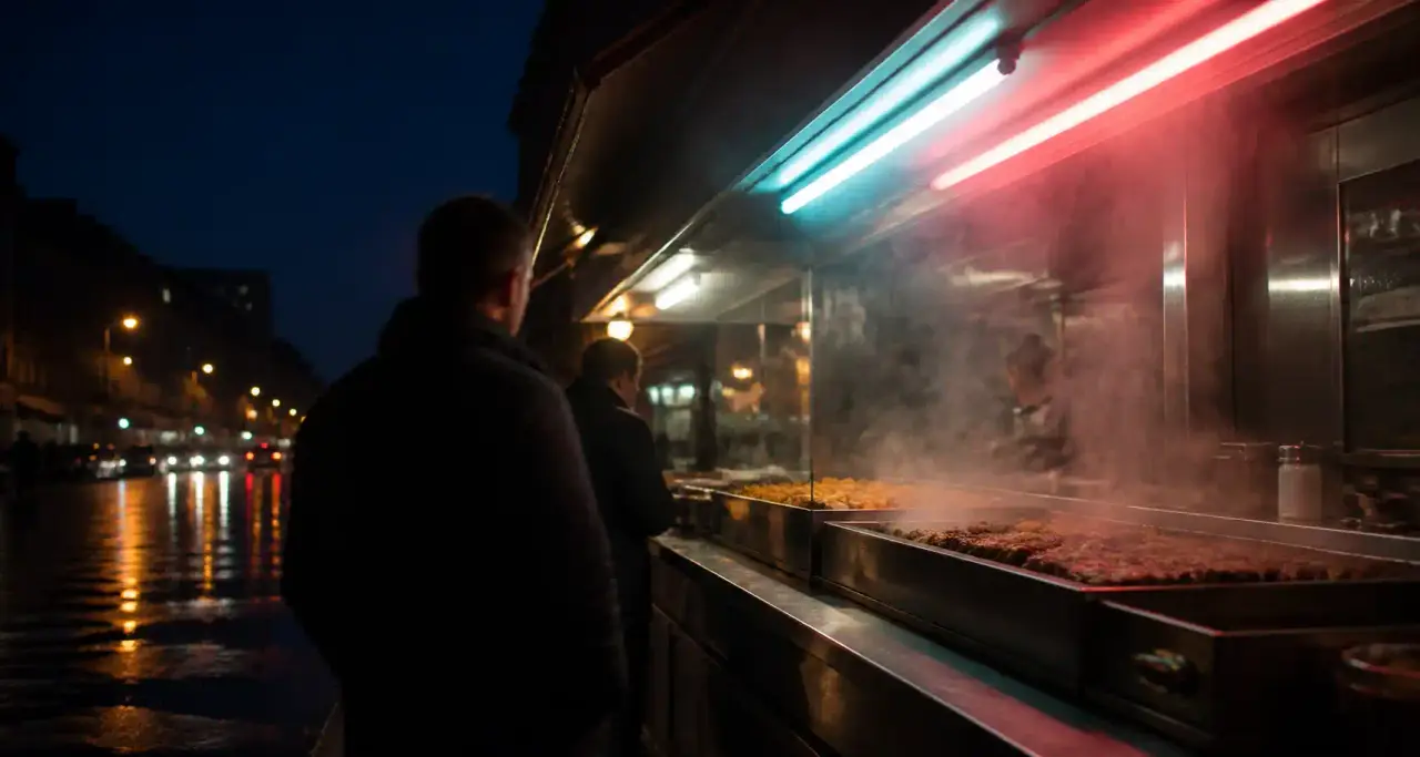 Comptoir de street food la nuit, éclairé par un double filet néon cyan et rose, vapeur des plats visible