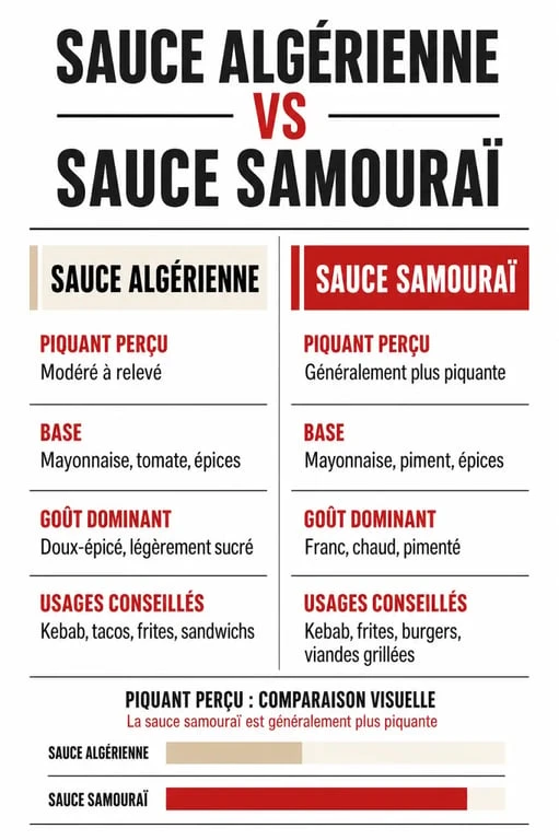 Sauce algérienne ou samouraï qui pique le plus : visuel comparatif des différences de piquant et de goût