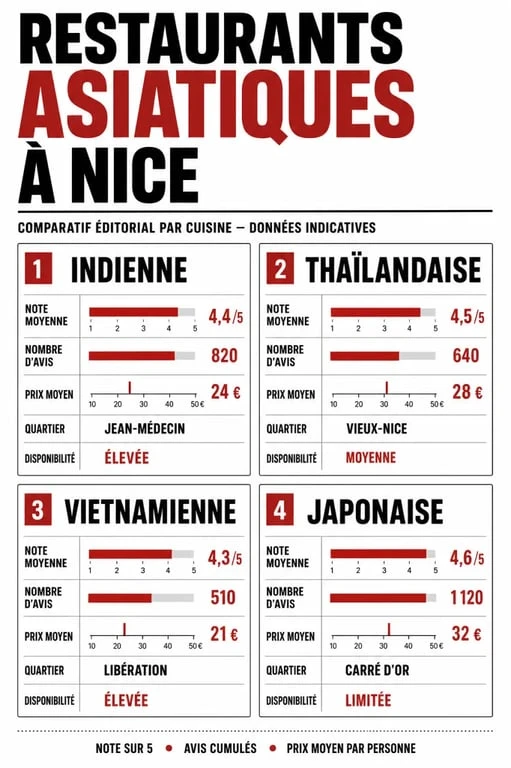 Comparatif asian restaurants nice à Nice avec cuisines, notes, avis, prix moyen et disponibilités