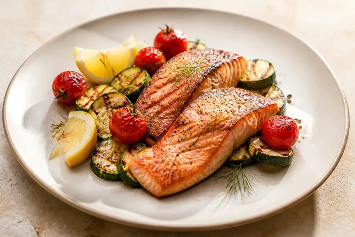 Recette plancha de saumon, courgettes et tomates cerise sur assiette dressée