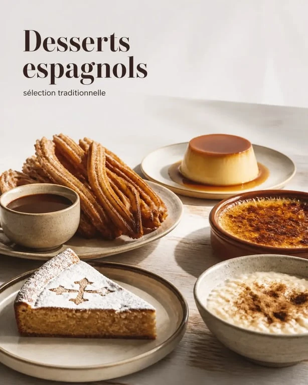 Dessert espagnoles : assortiment de churros, flan, crema catalana, tarta de Santiago et arroz con leche sur une table rustique