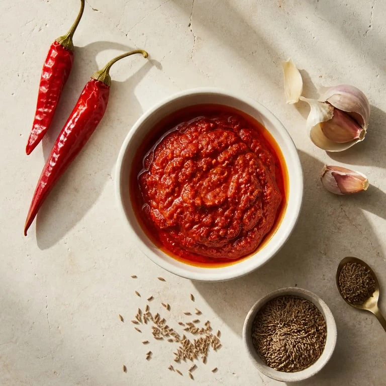 Recette harissa maison dans un bol en céramique avec huile d'olive et épices
