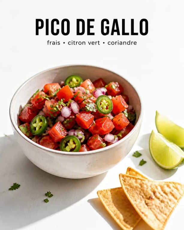 Recette pico de gallo avec bol de salsa mexicaine fraîche, tomates, coriandre et citron vert