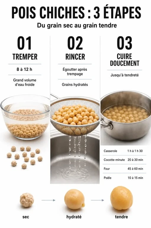 Préparation pois chiche : étapes de trempage, rinçage et cuisson avec durées indicatives