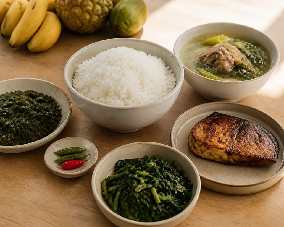 Cuisine malgache traditionnelle avec riz, romazava, ravitoto et brèdes