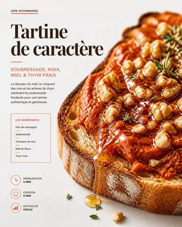 Recette de toast de soubressade au miel et noix sur pain de campagne