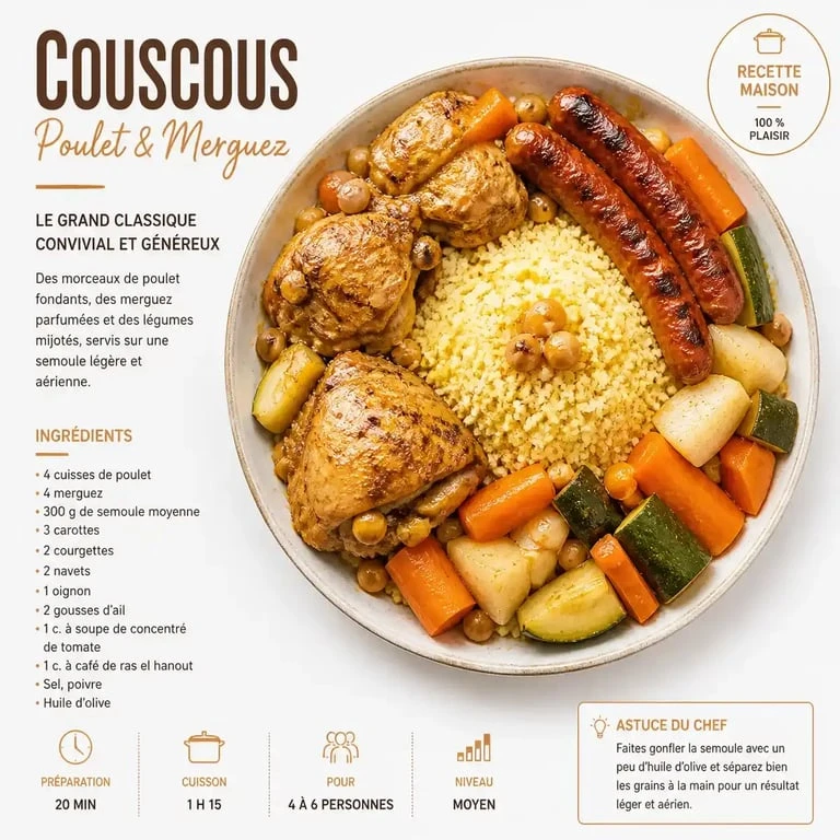 Recette du couscous poulet merguez servi dans une grande assiette