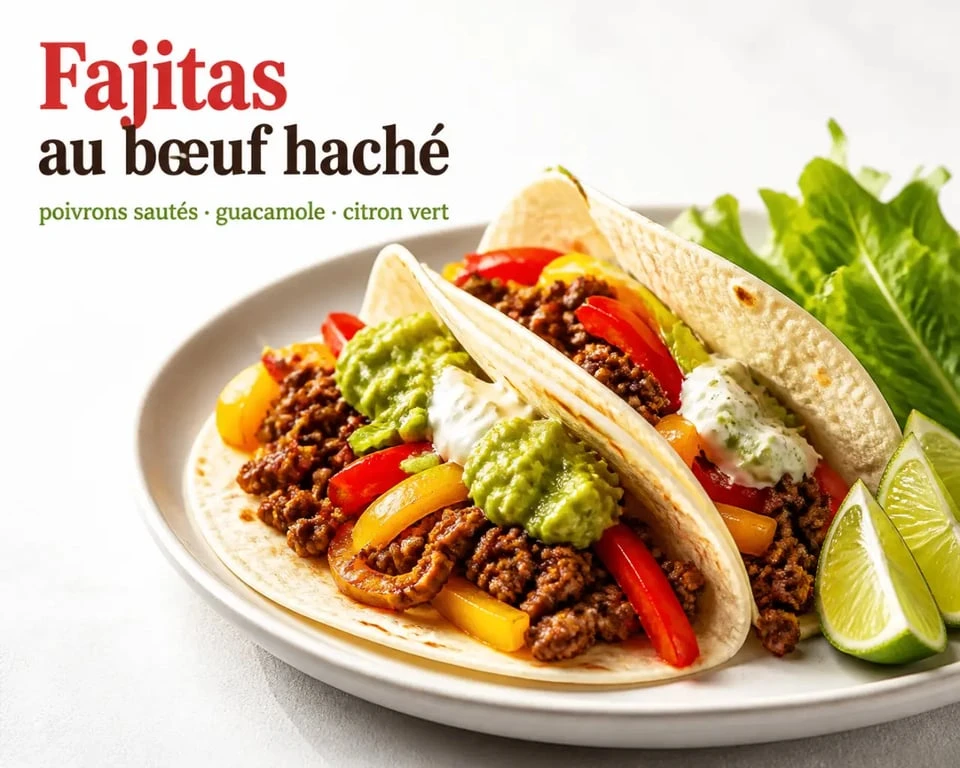 Recette fajitas viande hachée servie avec tortillas, bœuf épicé, poivrons et garnitures fraîches