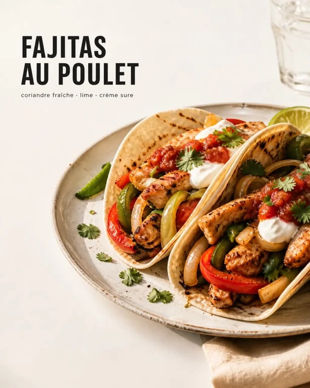 Poulet pour fajitas servi dans des tortillas avec poivrons, oignons et garnitures fraîches
