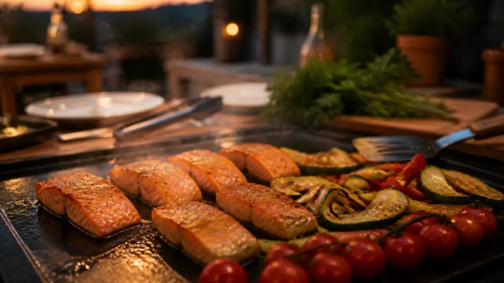 Saumon et légumes croquants à la plancha : la recette simple prête en 20 minutes