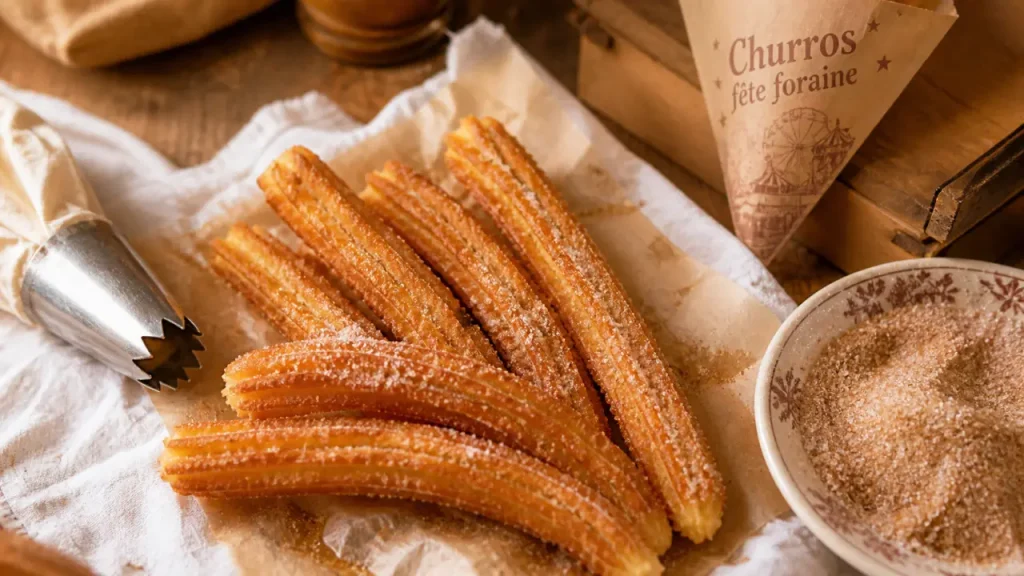 Churros de fête foraine : pâte ferme, huile à 180 °C et sucre cristal
