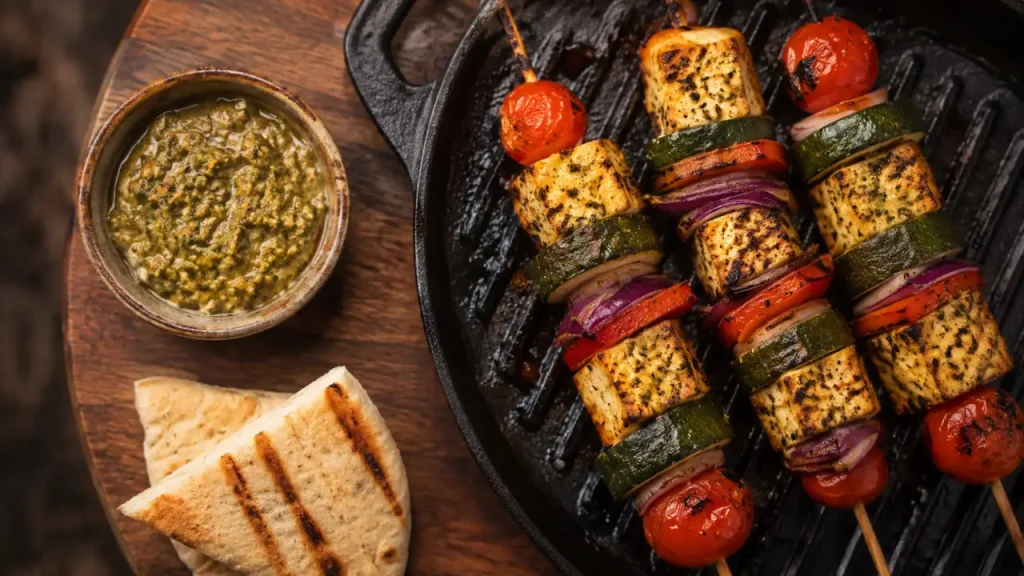 Brochettes de légumes, tofu mariné et options vegan pour un barbecue végétarien gourmand