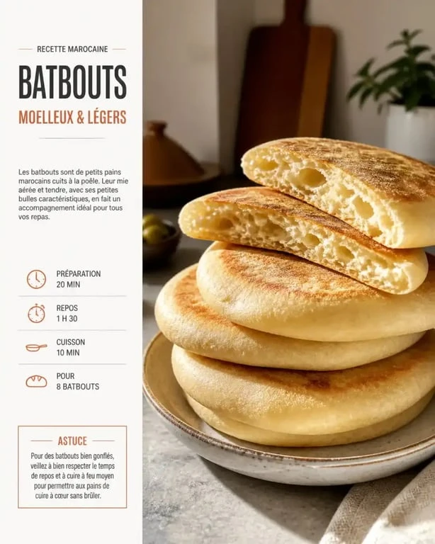 Recette batbout : petits pains marocains moelleux empilés dans une assiette