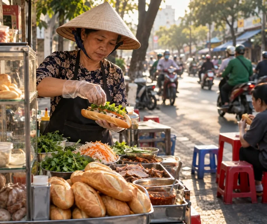 Vietnamese street food Saigon avec banh mi préparé dans une rue de Ho Chi Minh City