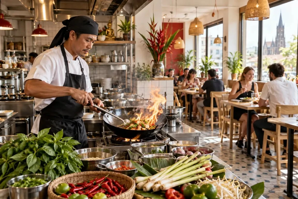 Koa Thaï street food cantine à Strasbourg avec cuisine ouverte et préparation au wok