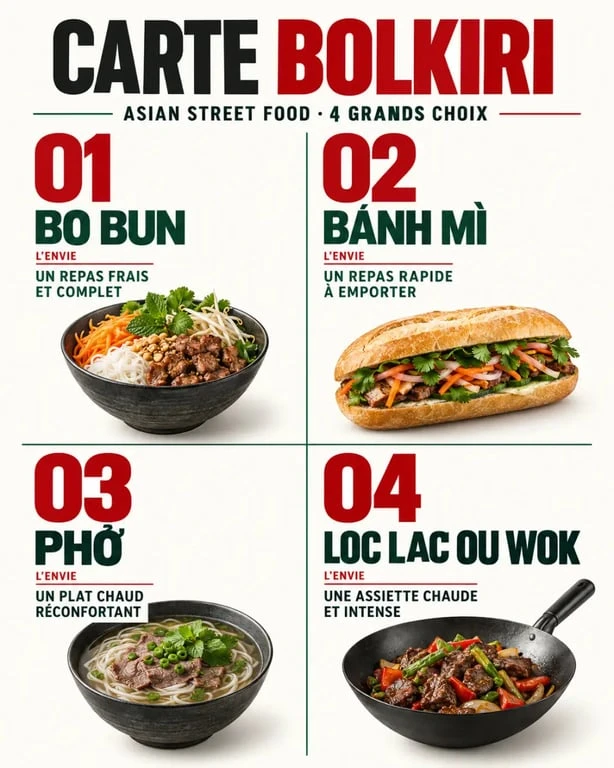 Bolkiri Asian Street Food : comparaison des plats Bo Bun, Bánh Mì, Phở et Loc Lac