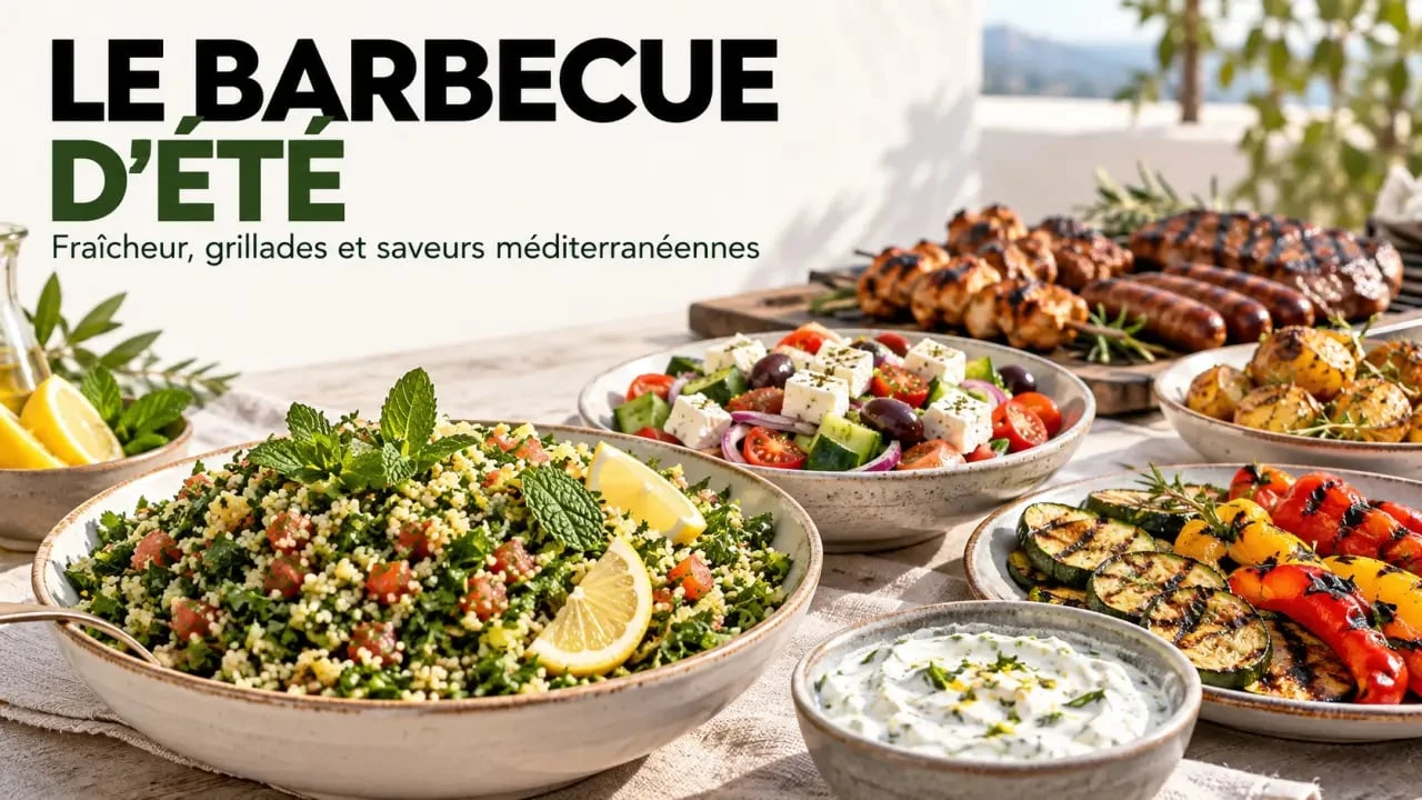 Accompagnement barbecue rapide avec taboulé, légumes grillés et sauce au yaourt