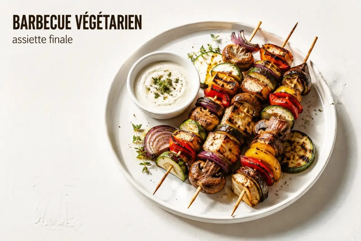 Barbecue végétarien servi en assiette avec brochettes dorées et légumes grillés