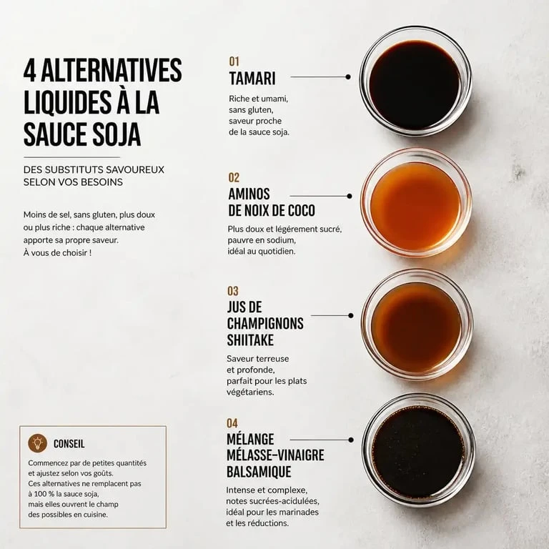 Bols de substituts pour remplacer la sauce soja : tamari, aminos de coco, jus de shiitake