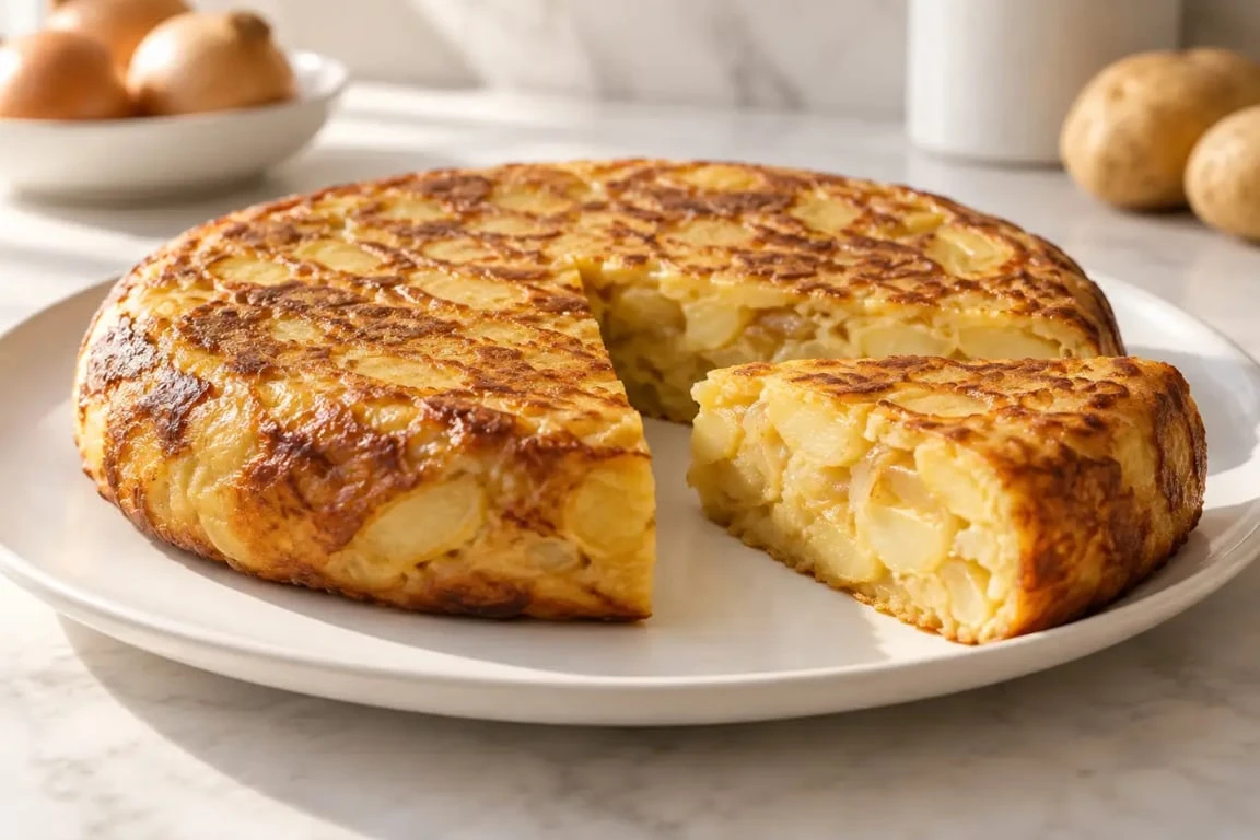 Tortilla maison espagnole aux pommes de terre et à l’oignon, dorée et fondante