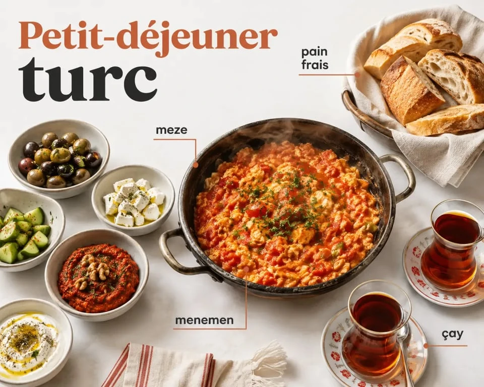 Spécialité turque : petit-déjeuner turc avec menemen, meze et çay