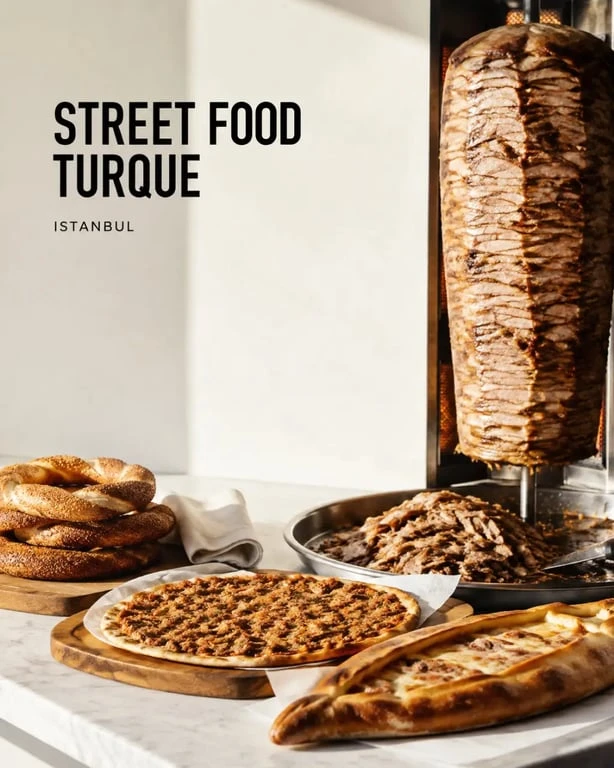 Spécialité turque : assortiment de döner, lahmacun, pide et simit à Istanbul
