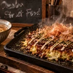 Osaka street food : okonomiyaki fumant et chou croustillant