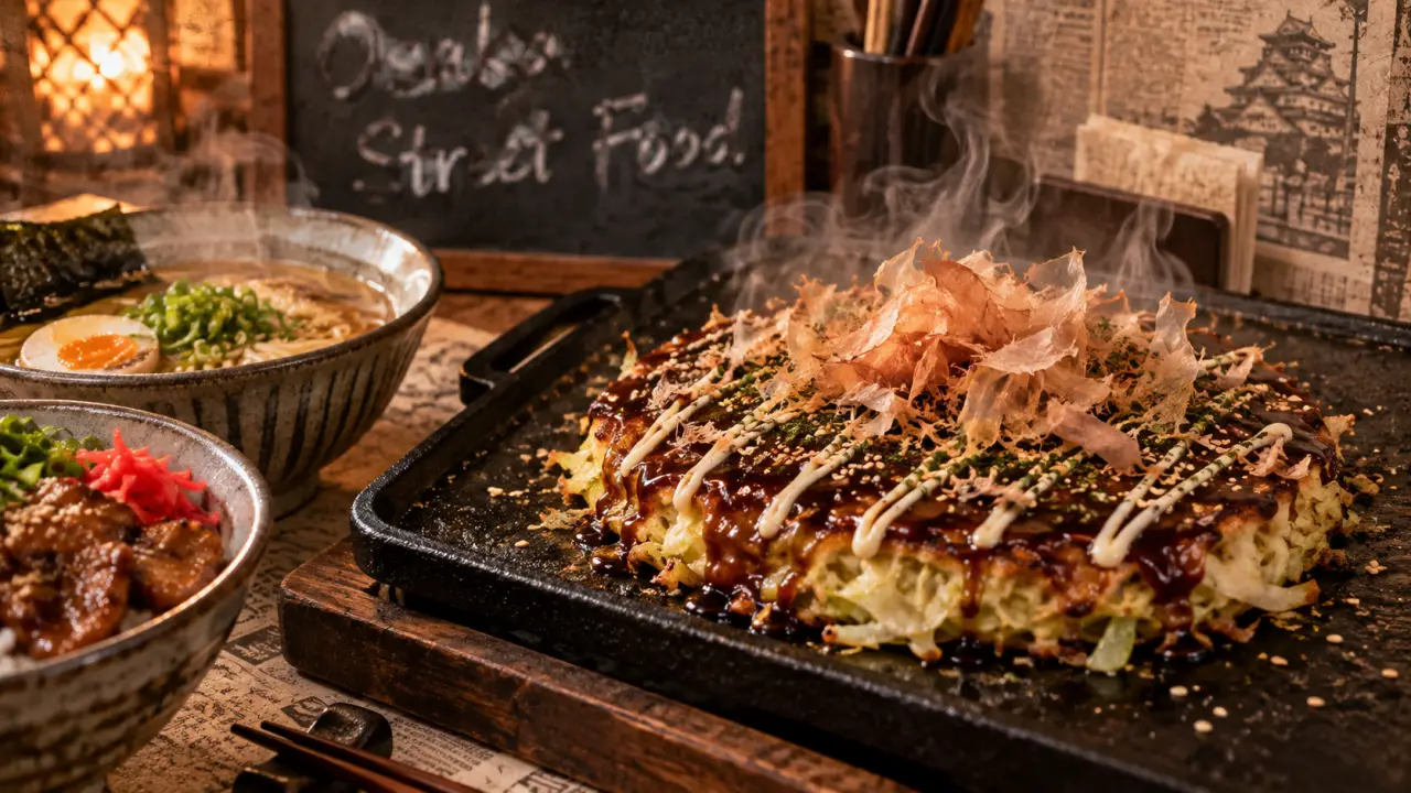 Osaka street food : okonomiyaki fumant et chou croustillant