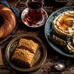 Spécialité turque : simit, baklava et çay turc sur table