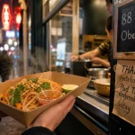 Sukhumvit thaï street food paris 11 : barquette Pad Thaï et satay devant une vitrine au 88 Rue Oberkampf