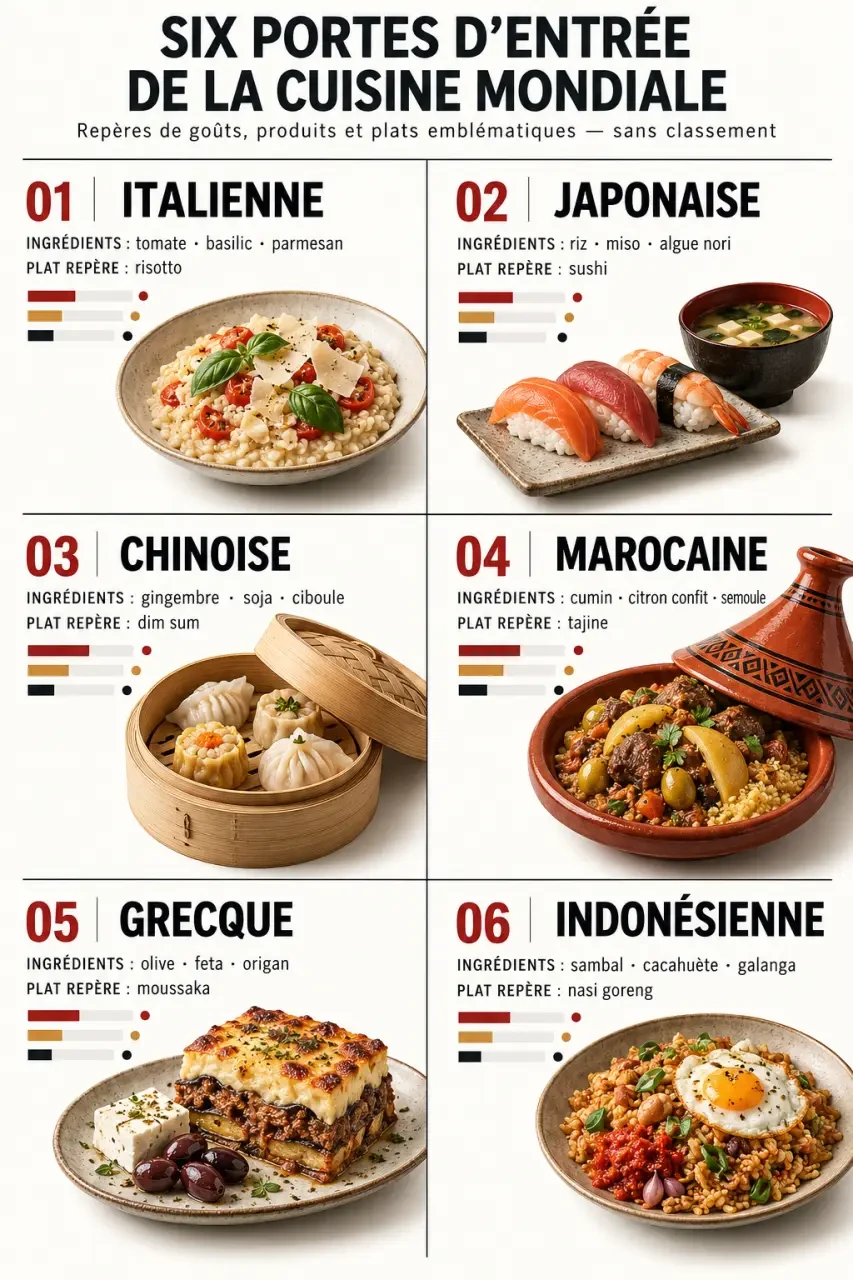 Infographie présentant six grandes cuisines de la cuisine mondiale et leurs spécialités emblématiques