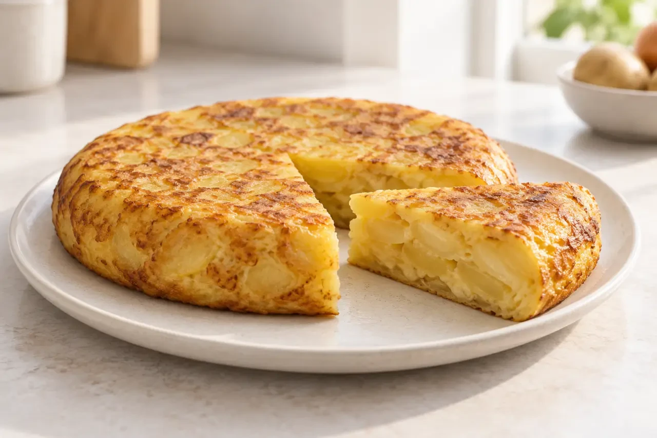 Recette espagnole de tortilla de pommes de terre tendre servie en parts
