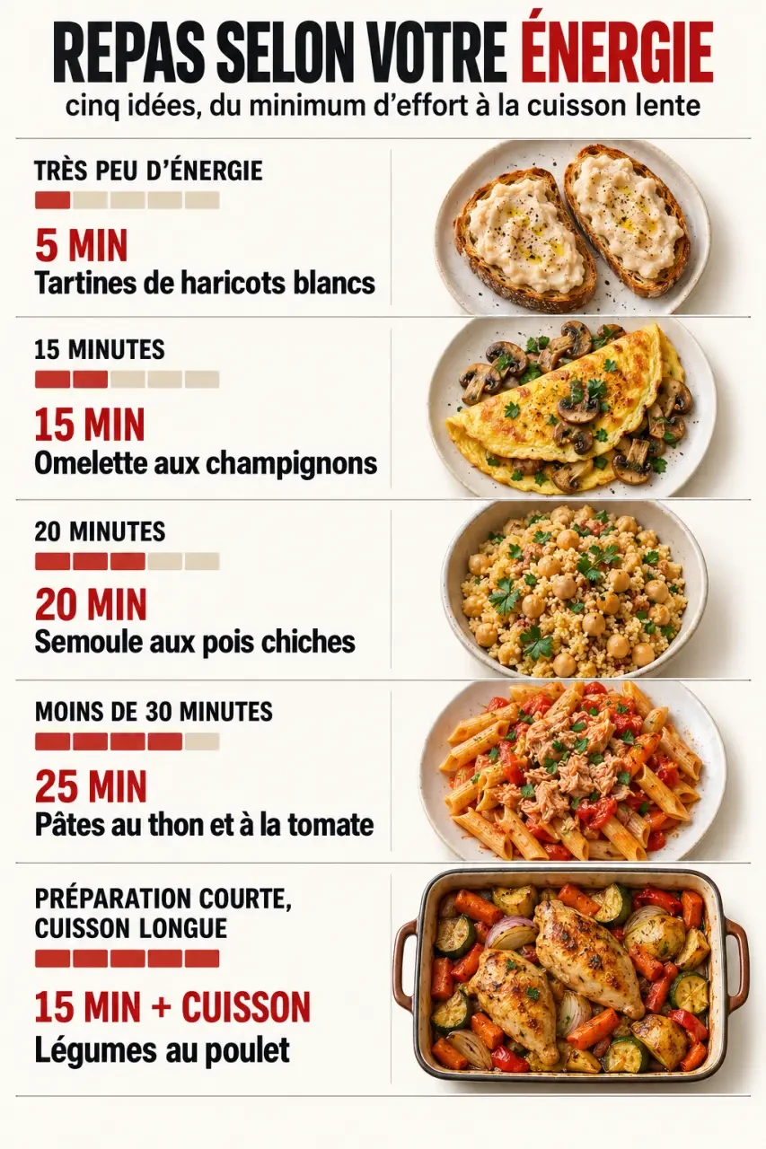 Idées de repas classées selon le temps de préparation et l’énergie disponible