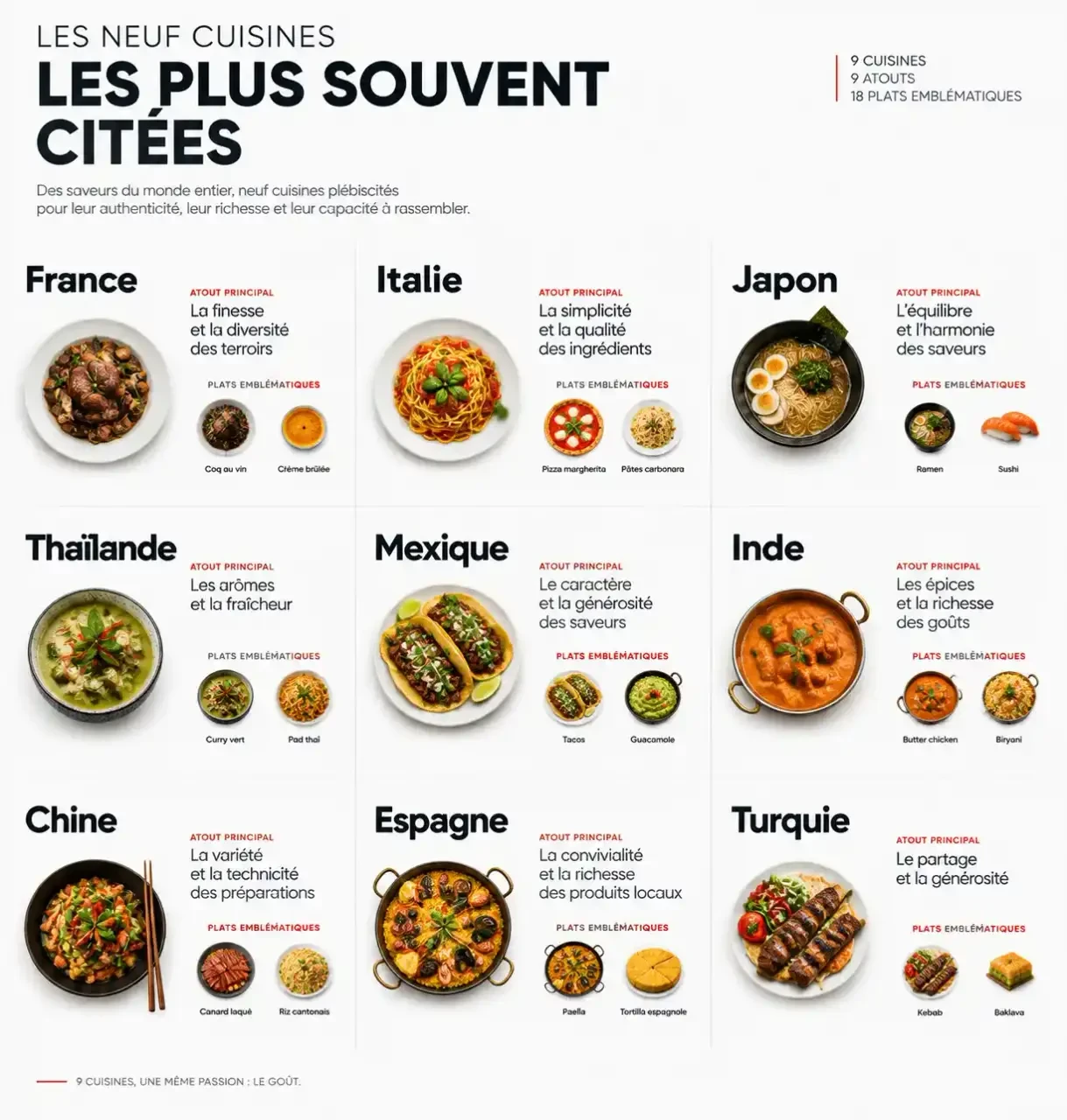 Les meilleures cuisines au monde : synthèse visuelle des neuf cuisines les plus citées, leurs atouts et leurs plats emblématiques