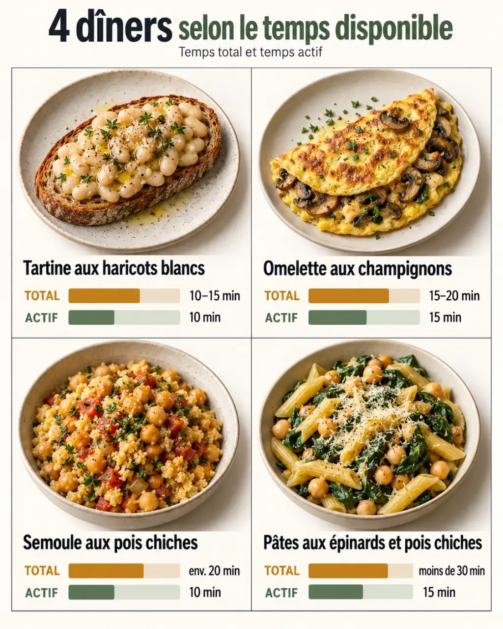 Idée repas classée selon le temps de préparation, de la tartine rapide aux pâtes aux pois chiches