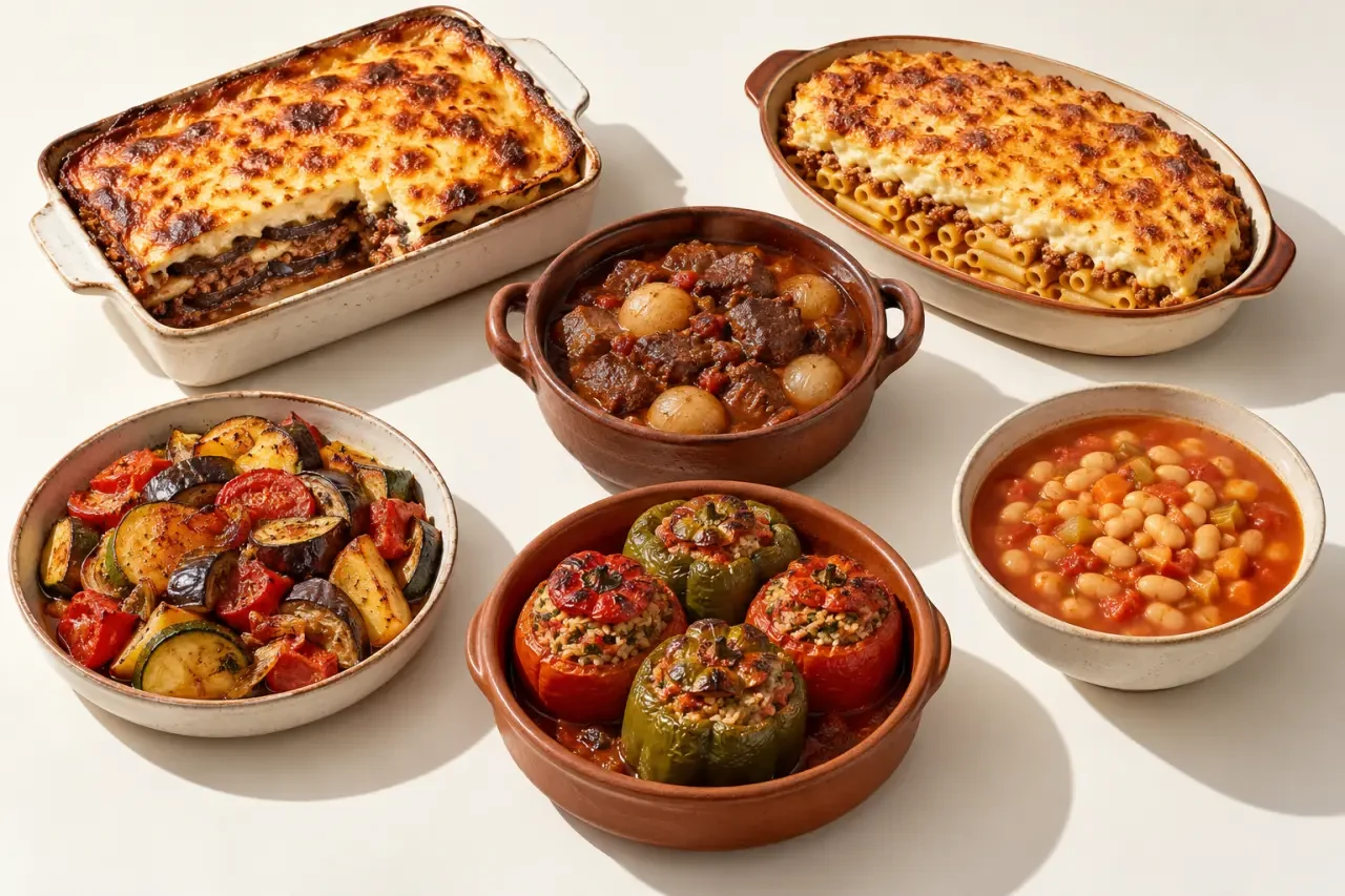 Spécialité grecque de taverne avec moussaka, briam, yemista et fasolada