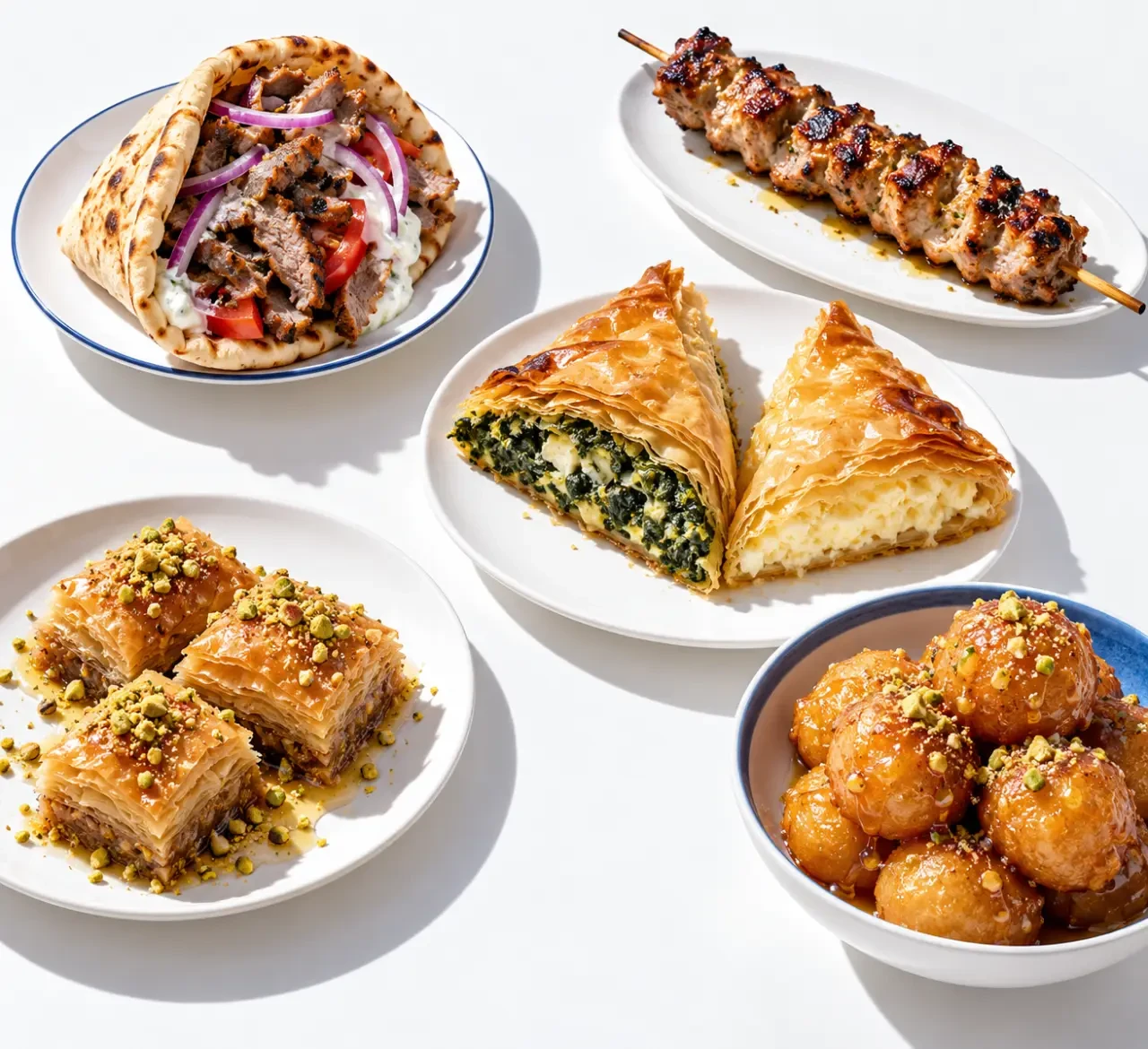 Spécialité grecque à goûter sur le pouce avec souvlaki, spanakopita, baklava et loukoumades