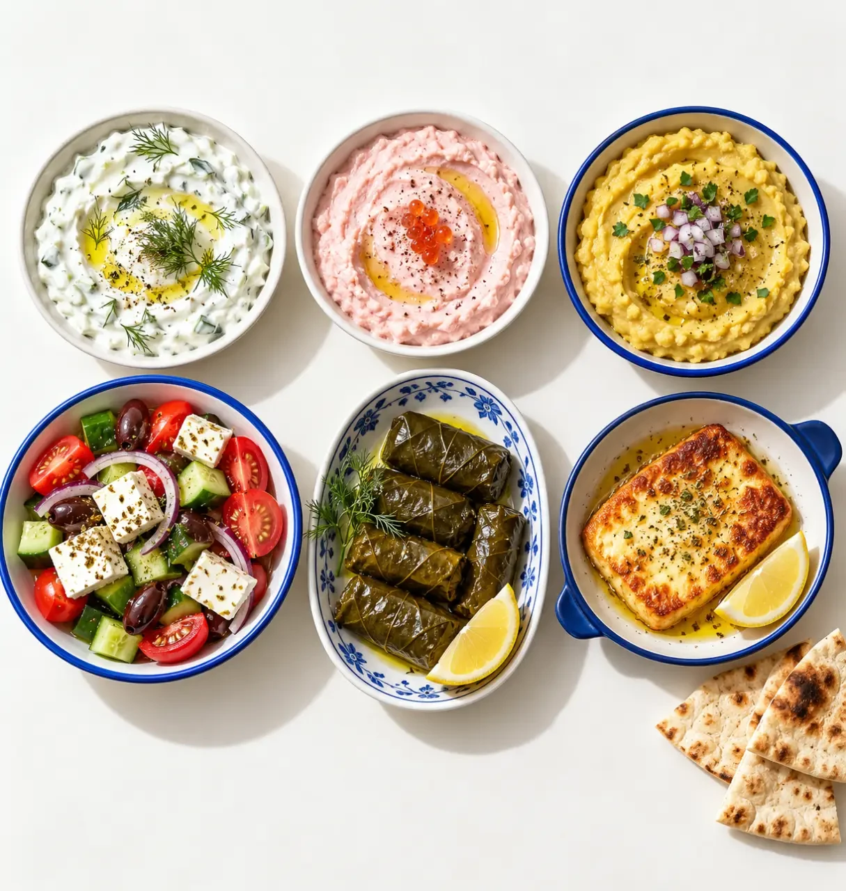 Spécialité grecque : assortiment de mezzés avec tzatziki, fava, dolmades et saganaki