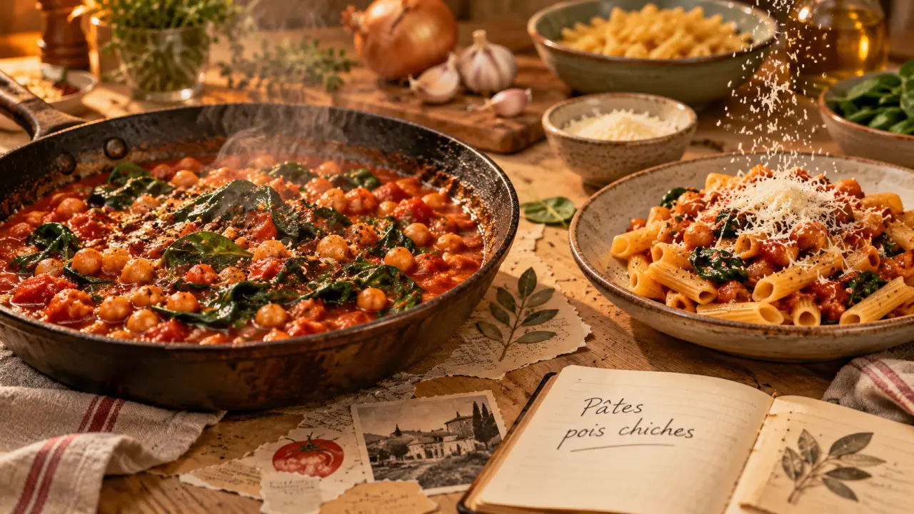 Idée repas 30 minutes : poêlée pois chiches et épinards, pâtes prêtes