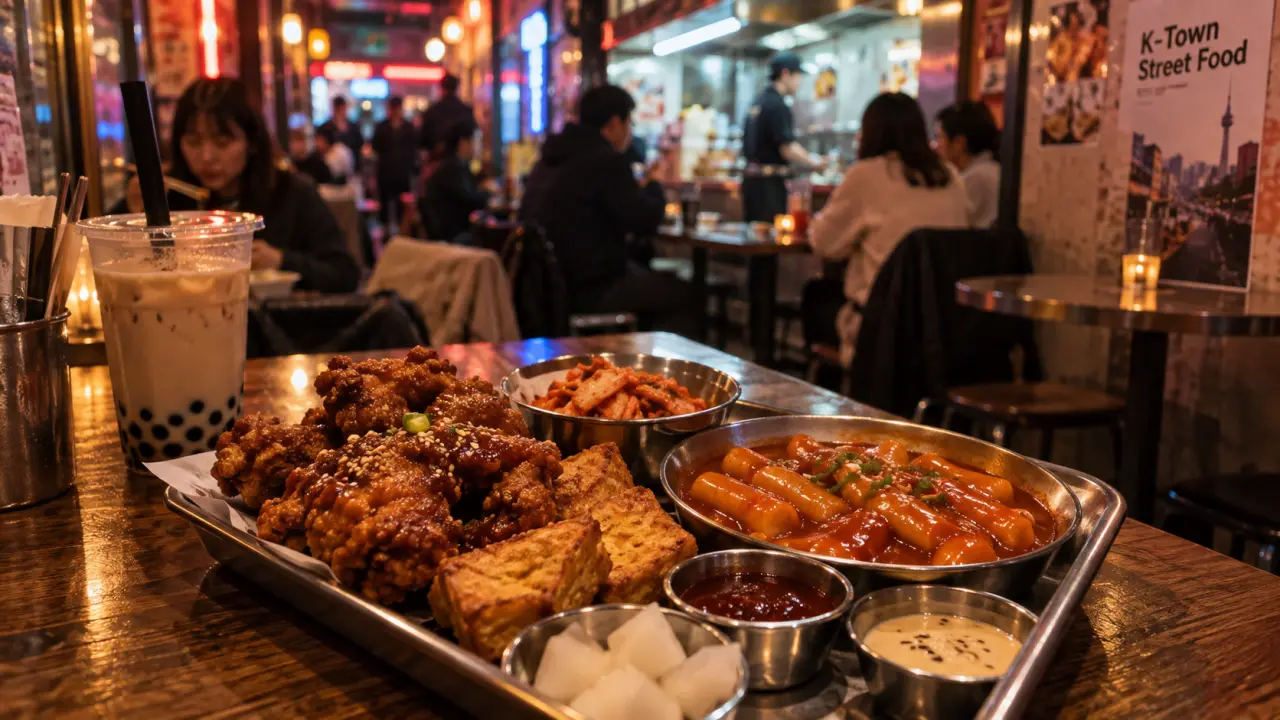 k-town street food vaugirard : poulet frit sur plateau, tteokbokki et kimchi
