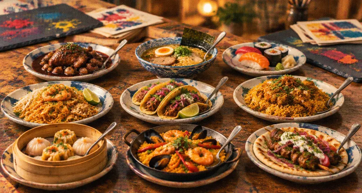 Meilleures cuisines au monde : neuf plats sur table en bois, photo culinaire