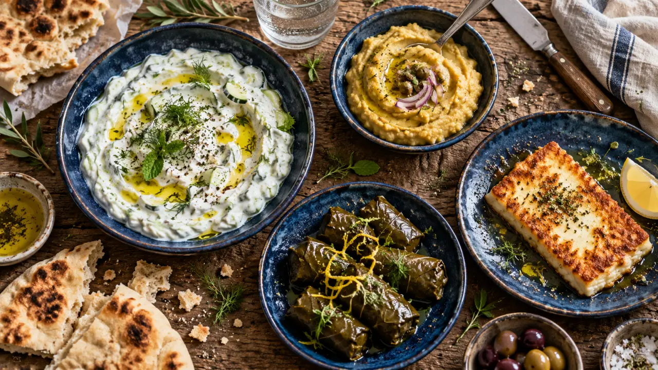 Spécialité grecque : mezzés grecques, tzatziki, dolmades et fromage saganaki au miel